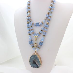 Sky Blue Crystals Multi Strand Agate Layered Necklace